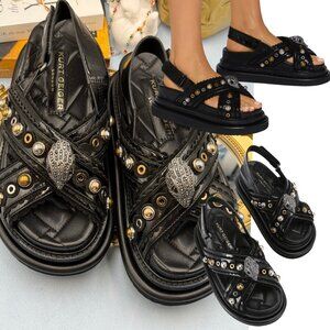 🆕 KURT GEIGER LONDON 🧿 NWOB Orson Cross Scallop Sandal, Black - Sz 37 US 7